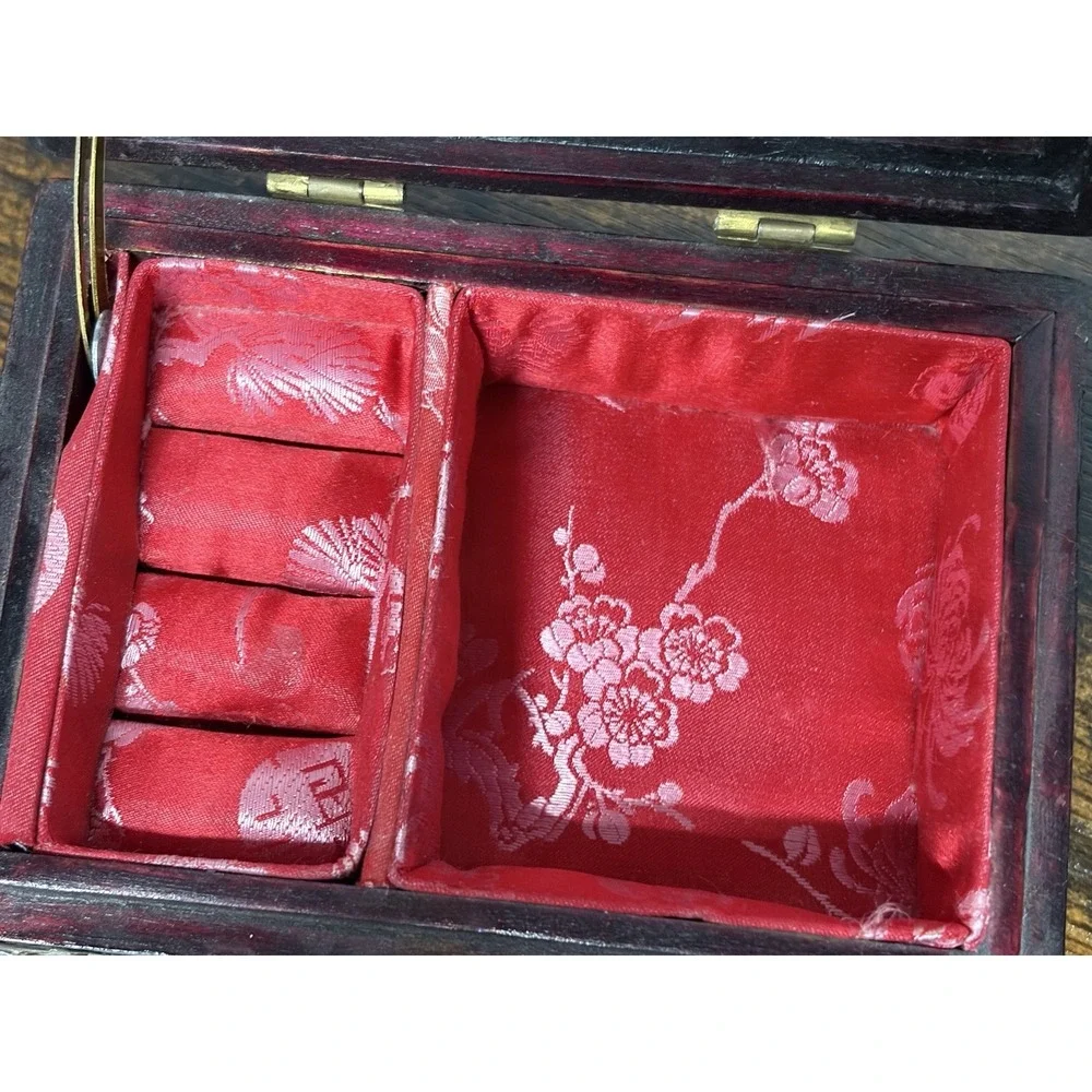 Vintage Chinese Jewelry Box Red Wood Jade Brass Fish Floral Details 5